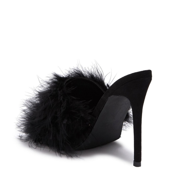 NEW🔥Feather Fur Stiletto Heel Mule Sandal PeepToe - Picture 4 of 5
